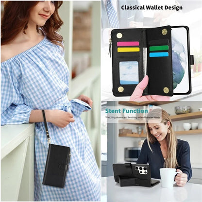 XL-001 For Samsung Galaxy S23 Ultra Case Zipper Pocket Wristband Stand Leather Phone Cover