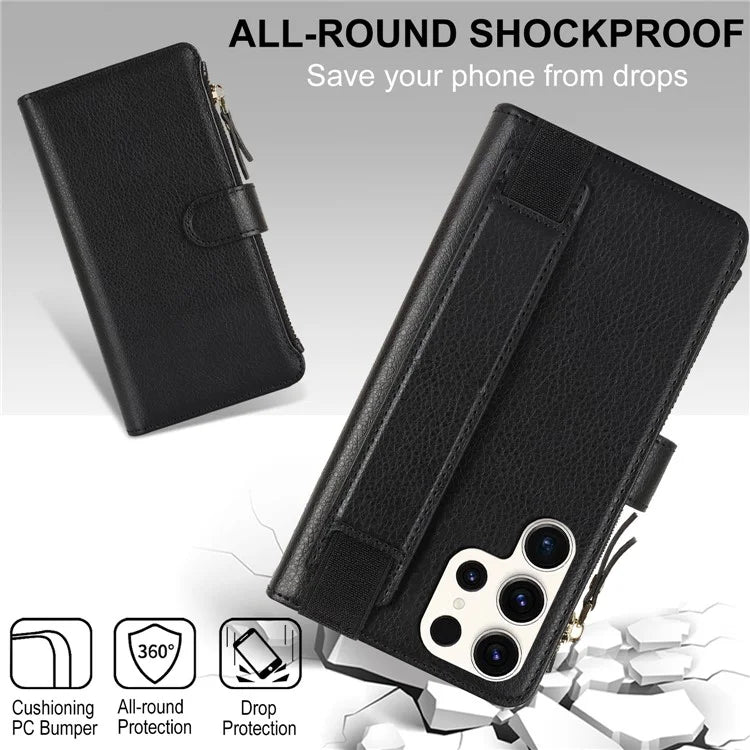 XL-001 For Samsung Galaxy S23 Ultra Case Zipper Pocket Wristband Stand Leather Phone Cover