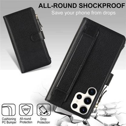 XL-001 For Samsung Galaxy S23 Ultra Case Zipper Pocket Wristband Stand Leather Phone Cover