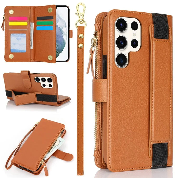 XL-001 For Samsung Galaxy S23 Ultra Case Zipper Pocket Wristband Stand Leather Phone Cover