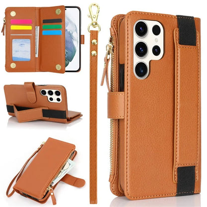 XL-001 For Samsung Galaxy S23 Ultra Case Zipper Pocket Wristband Stand Leather Phone Cover