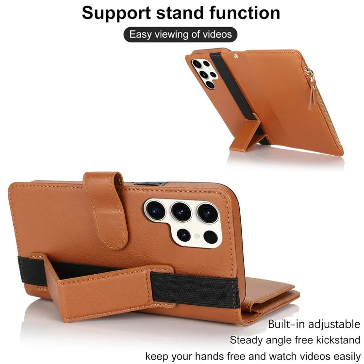 XL-001 For Samsung Galaxy S23 Ultra Case Zipper Pocket Wristband Stand Leather Phone Cover