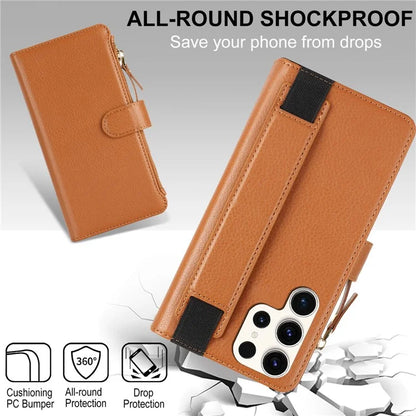 XL-001 For Samsung Galaxy S23 Ultra Case Zipper Pocket Wristband Stand Leather Phone Cover