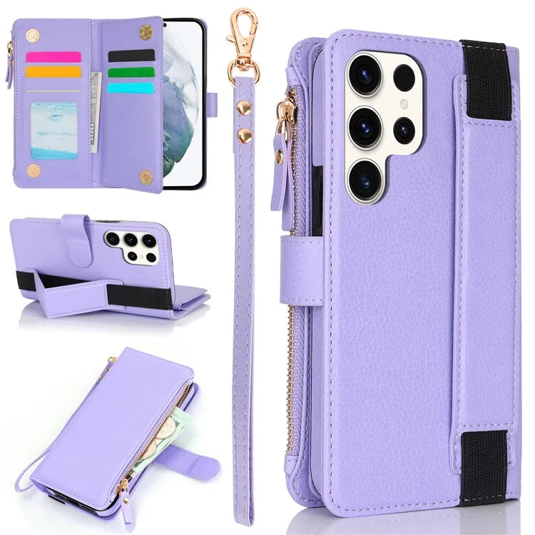 XL-001 For Samsung Galaxy S23 Ultra Case Zipper Pocket Wristband Stand Leather Phone Cover