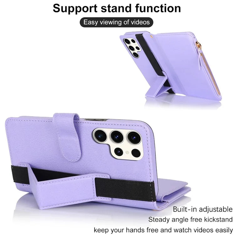 XL-001 For Samsung Galaxy S23 Ultra Case Zipper Pocket Wristband Stand Leather Phone Cover