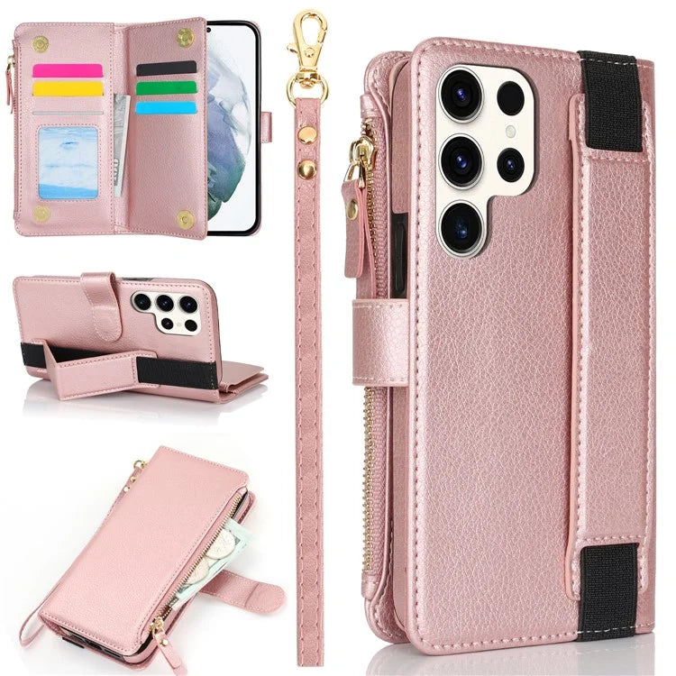 XL-001 For Samsung Galaxy S23 Ultra Case Zipper Pocket Wristband Stand Leather Phone Cover