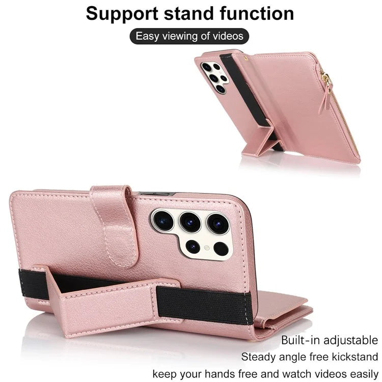 XL-001 For Samsung Galaxy S23 Ultra Case Zipper Pocket Wristband Stand Leather Phone Cover