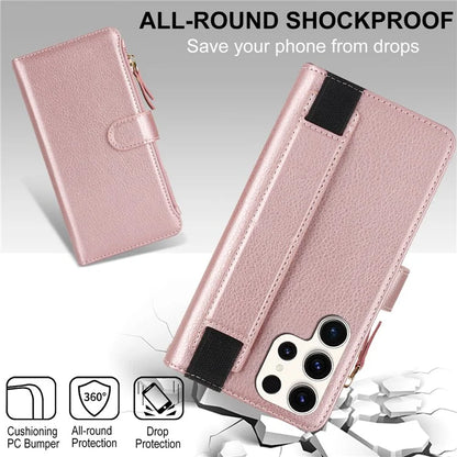 XL-001 For Samsung Galaxy S23 Ultra Case Zipper Pocket Wristband Stand Leather Phone Cover