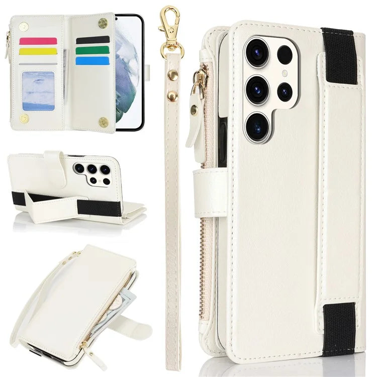 XL-001 For Samsung Galaxy S23 Ultra Case Zipper Pocket Wristband Stand Leather Phone Cover