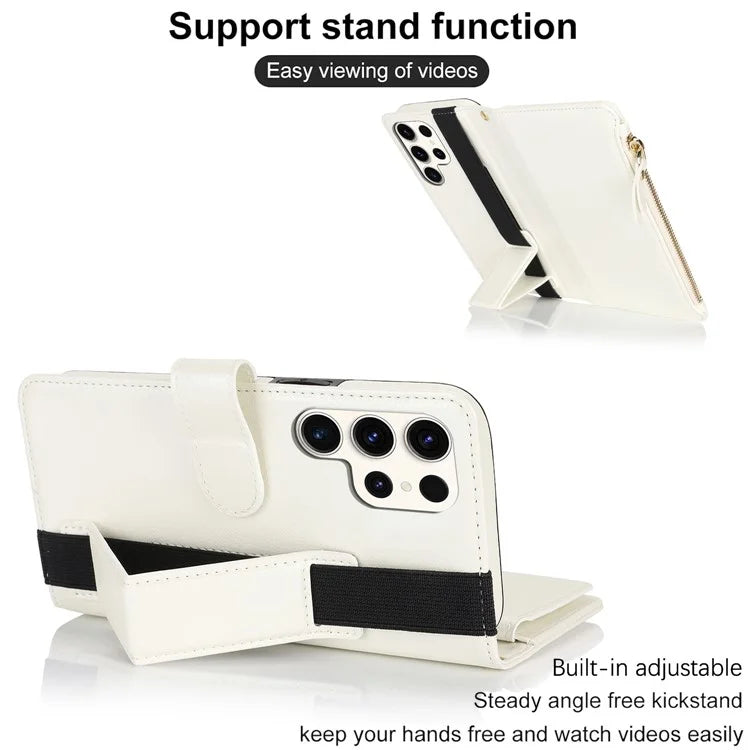 XL-001 For Samsung Galaxy S23 Ultra Case Zipper Pocket Wristband Stand Leather Phone Cover