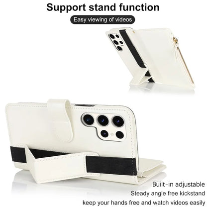 XL-001 For Samsung Galaxy S23 Ultra Case Zipper Pocket Wristband Stand Leather Phone Cover