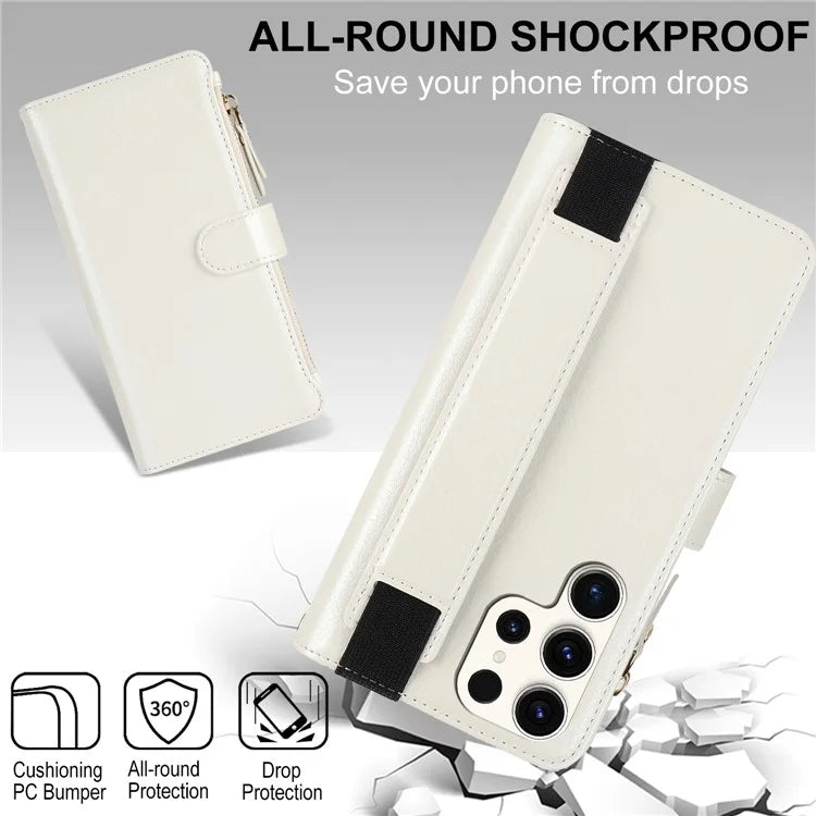 XL-001 For Samsung Galaxy S23 Ultra Case Zipper Pocket Wristband Stand Leather Phone Cover