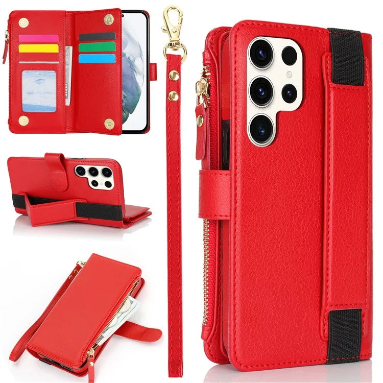 XL-001 For Samsung Galaxy S23 Ultra Case Zipper Pocket Wristband Stand Leather Phone Cover
