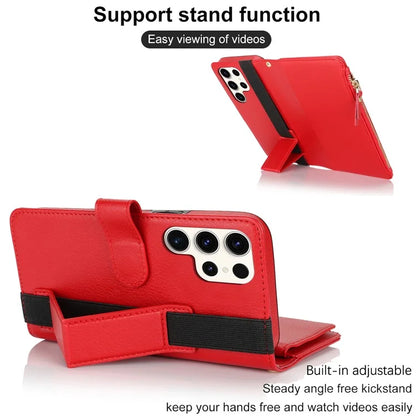 XL-001 For Samsung Galaxy S23 Ultra Case Zipper Pocket Wristband Stand Leather Phone Cover