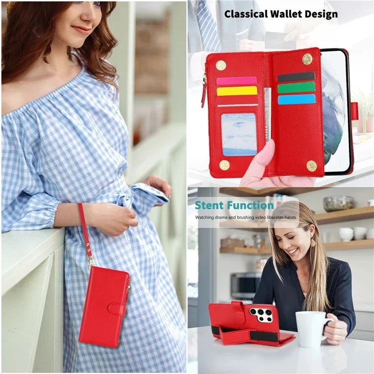 XL-001 For Samsung Galaxy S23 Ultra Case Zipper Pocket Wristband Stand Leather Phone Cover