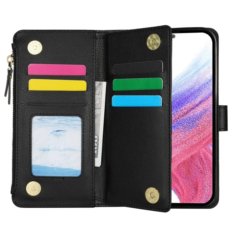 XL-001 For Samsung Galaxy S23 FE Case Zipper Pocket Wristband Stand Leather Phone Cover
