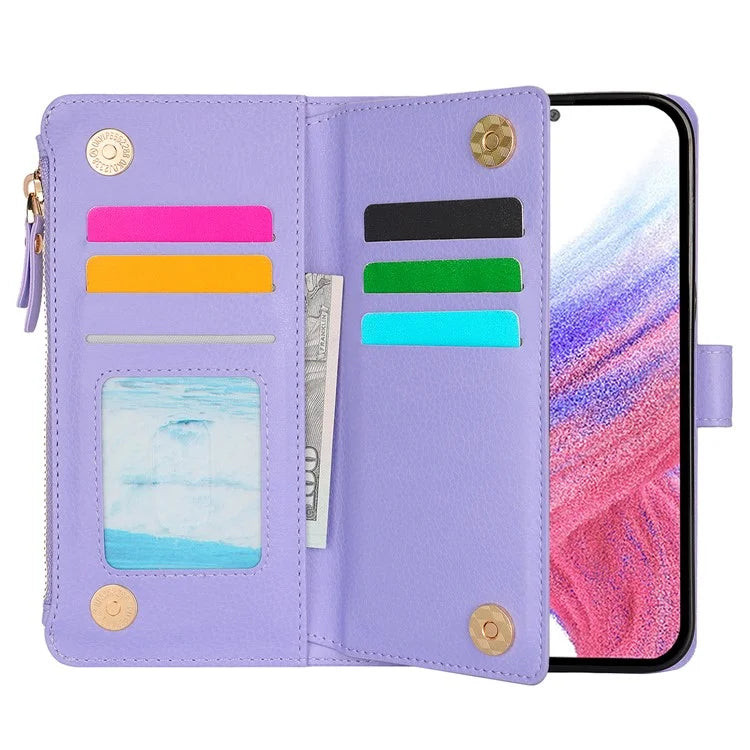 XL-001 For Samsung Galaxy S23 FE Case Zipper Pocket Wristband Stand Leather Phone Cover