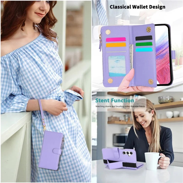 XL-001 For Samsung Galaxy S23 FE Case Zipper Pocket Wristband Stand Leather Phone Cover