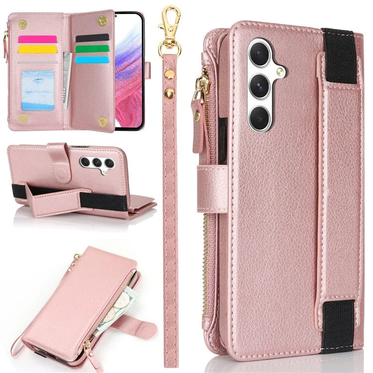 XL-001 For Samsung Galaxy S23 FE Case Zipper Pocket Wristband Stand Leather Phone Cover