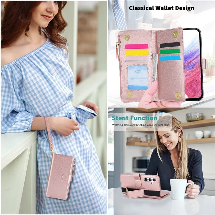XL-001 For Samsung Galaxy S23 FE Case Zipper Pocket Wristband Stand Leather Phone Cover