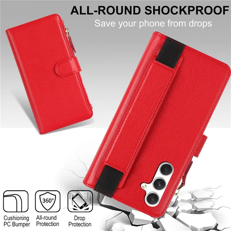 XL-001 For Samsung Galaxy S23 FE Case Zipper Pocket Wristband Stand Leather Phone Cover