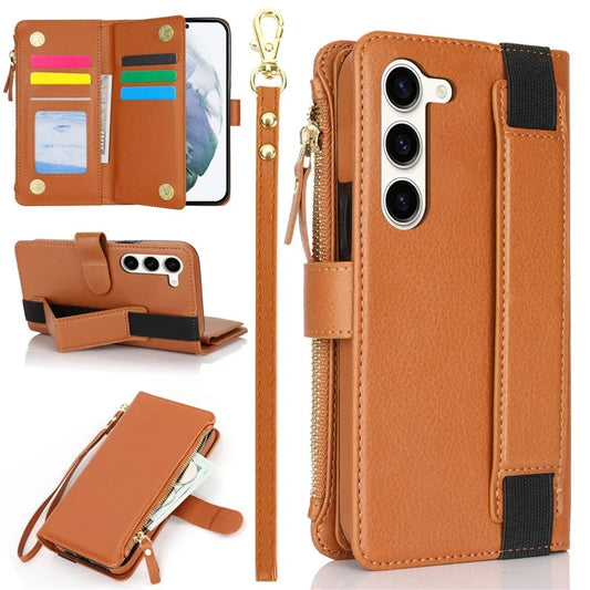 XL-001 For Samsung Galaxy S23+ Case Zipper Pocket Wristband Stand Leather Phone Cover