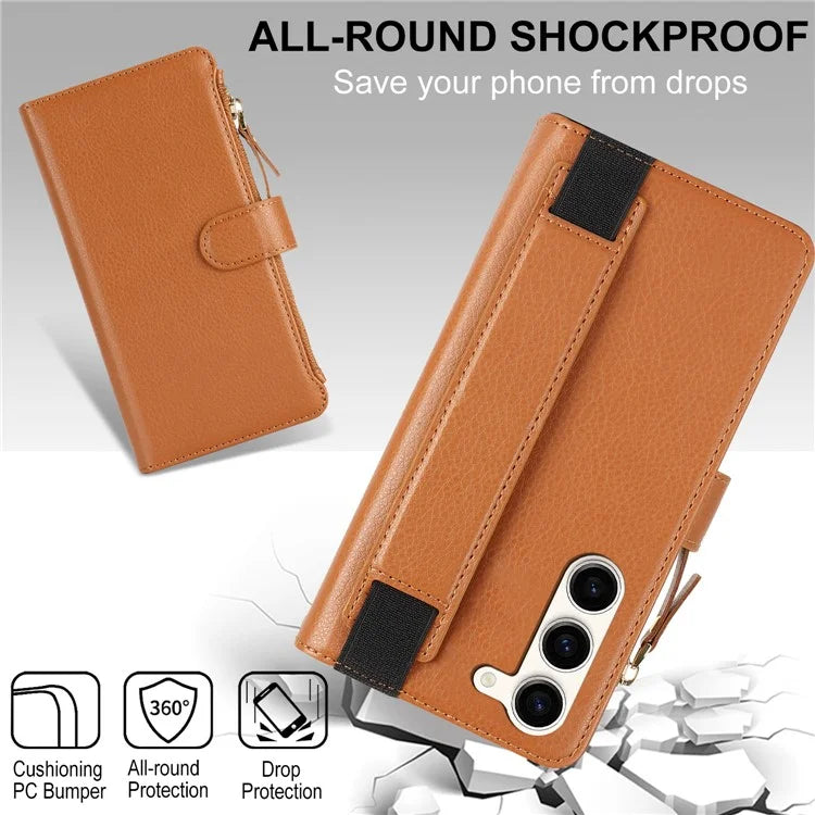 XL-001 For Samsung Galaxy S23+ Case Zipper Pocket Wristband Stand Leather Phone Cover
