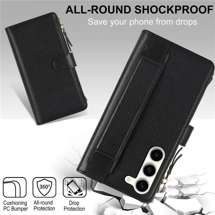 XL-001 For Samsung Galaxy S23+ Case Zipper Pocket Wristband Stand Leather Phone Cover