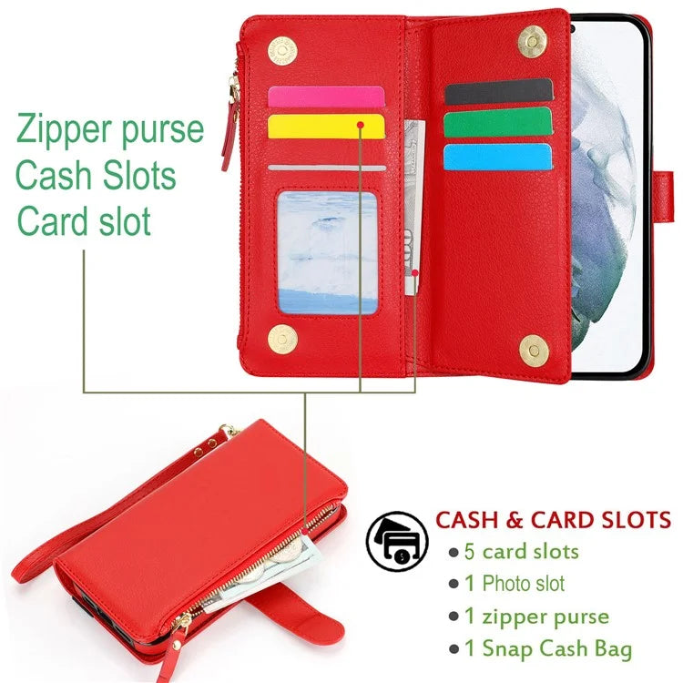 XL-001 For Samsung Galaxy S23+ Case Zipper Pocket Wristband Stand Leather Phone Cover