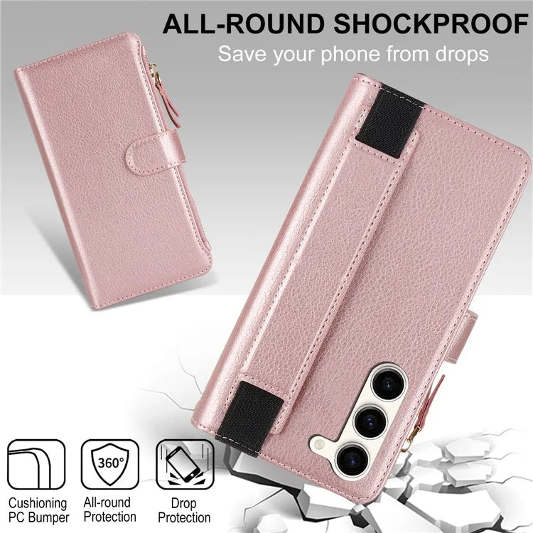 XL-001 For Samsung Galaxy S23+ Case Zipper Pocket Wristband Stand Leather Phone Cover