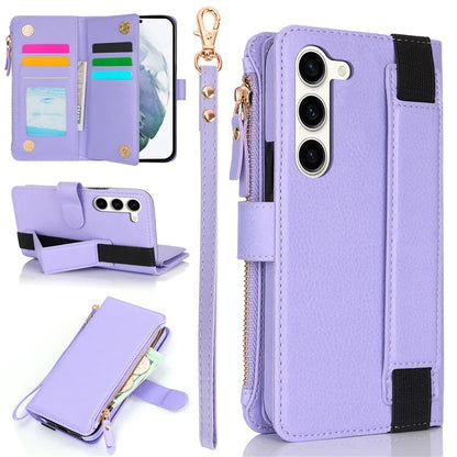 XL-001 For Samsung Galaxy S23+ Case Zipper Pocket Wristband Stand Leather Phone Cover