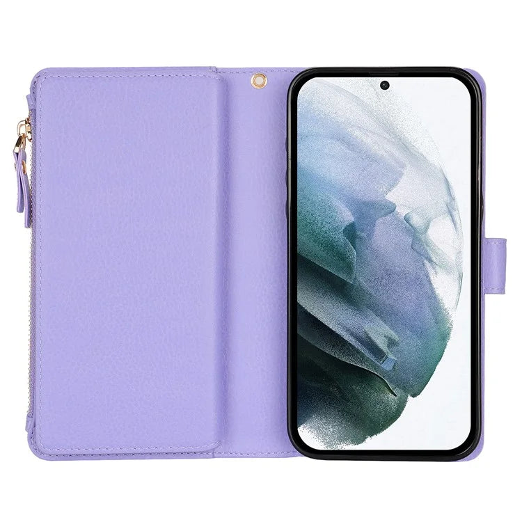 XL-001 For Samsung Galaxy S23+ Case Zipper Pocket Wristband Stand Leather Phone Cover
