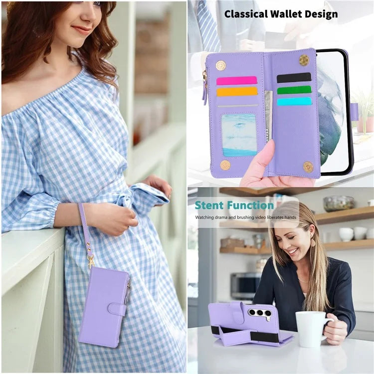 XL-001 For Samsung Galaxy S23+ Case Zipper Pocket Wristband Stand Leather Phone Cover