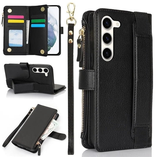 XL-001 For Samsung Galaxy S23 Case Zipper Pocket Wristband Stand Leather Phone Cover