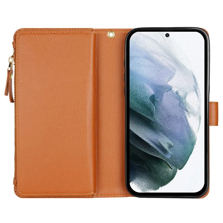 XL-001 For Samsung Galaxy S23 Case Zipper Pocket Wristband Stand Leather Phone Cover