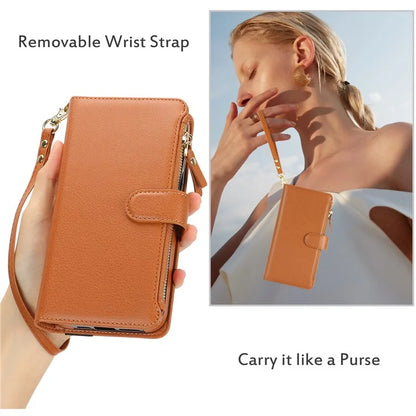 XL-001 For Samsung Galaxy S23 Case Zipper Pocket Wristband Stand Leather Phone Cover