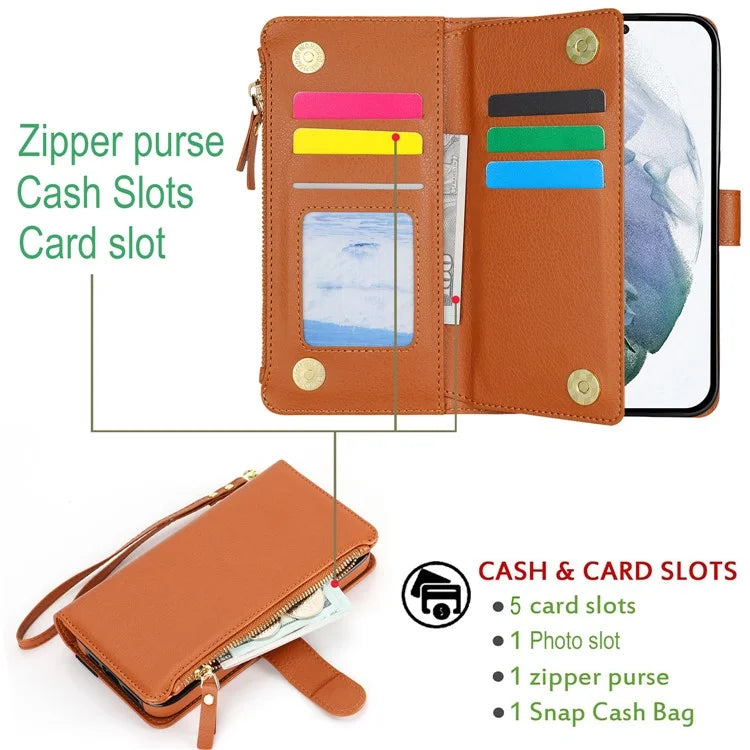 XL-001 For Samsung Galaxy S23 Case Zipper Pocket Wristband Stand Leather Phone Cover