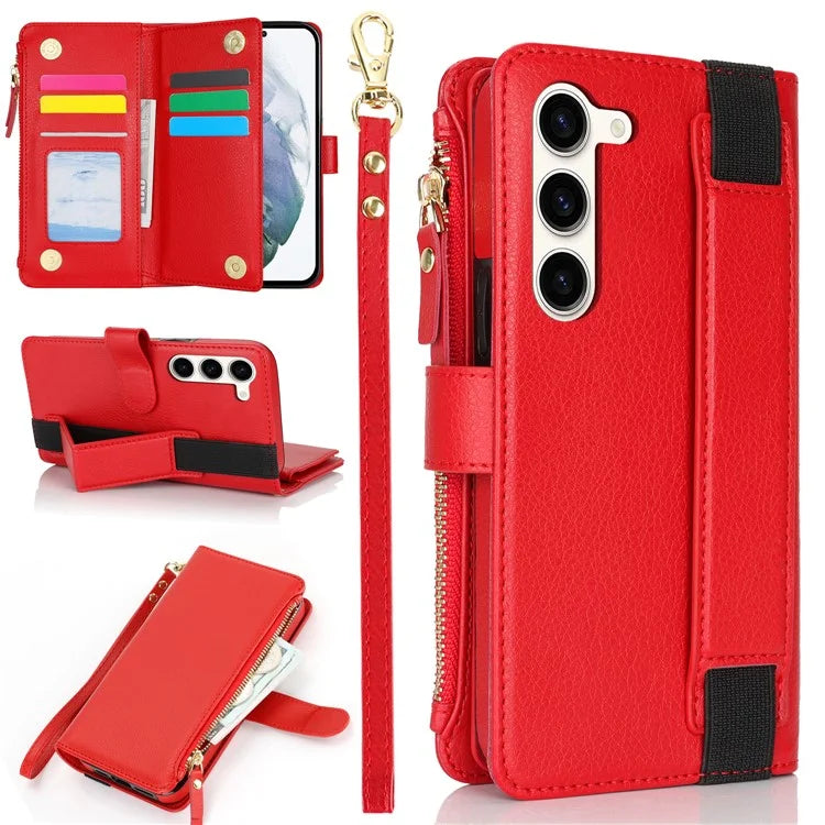 XL-001 For Samsung Galaxy S23 Case Zipper Pocket Wristband Stand Leather Phone Cover