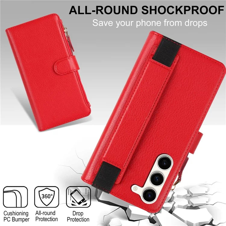 XL-001 For Samsung Galaxy S23 Case Zipper Pocket Wristband Stand Leather Phone Cover