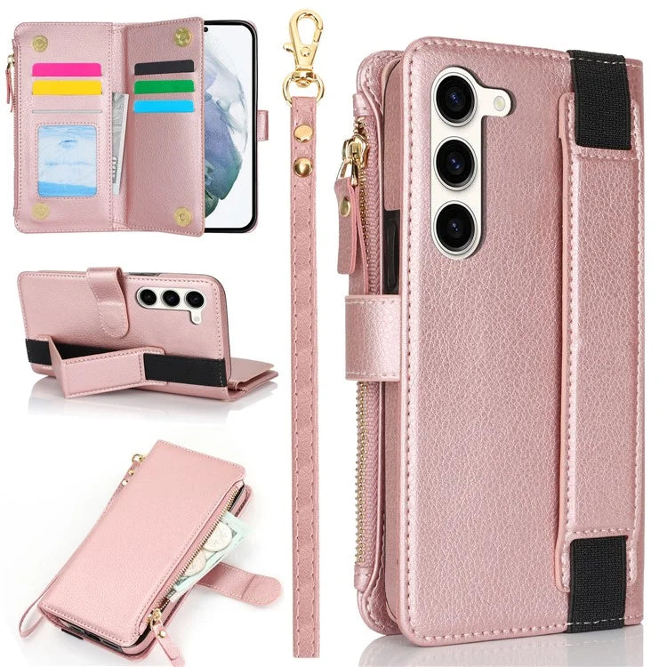 XL-001 For Samsung Galaxy S23 Case Zipper Pocket Wristband Stand Leather Phone Cover