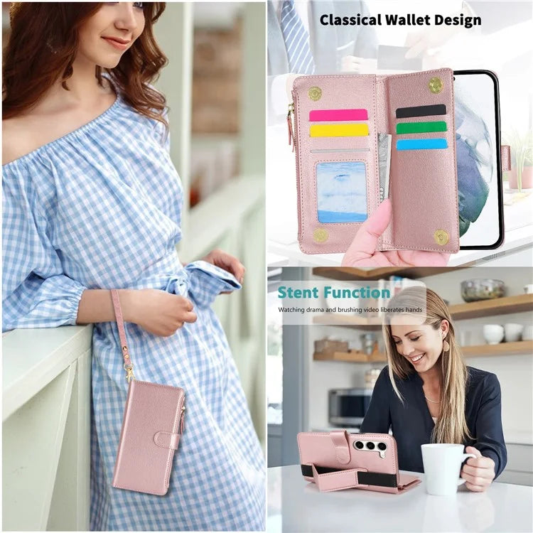 XL-001 For Samsung Galaxy S23 Case Zipper Pocket Wristband Stand Leather Phone Cover