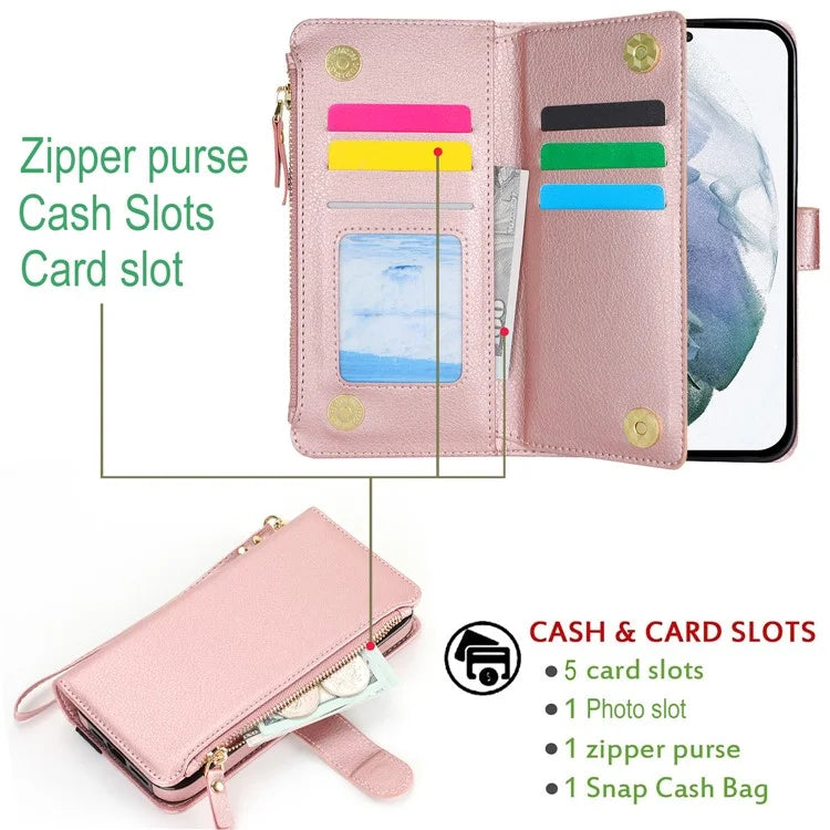 XL-001 For Samsung Galaxy S23 Case Zipper Pocket Wristband Stand Leather Phone Cover
