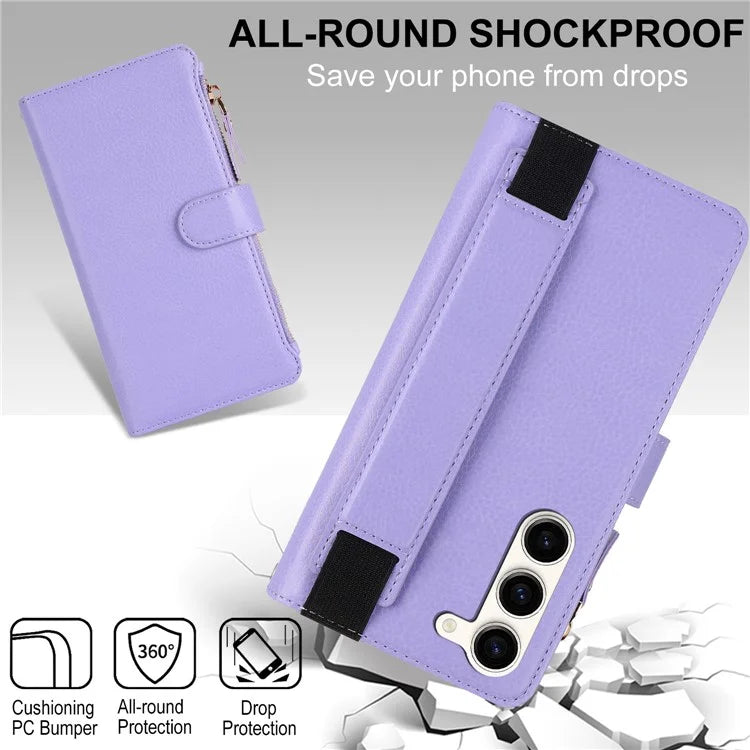 XL-001 For Samsung Galaxy S23 Case Zipper Pocket Wristband Stand Leather Phone Cover