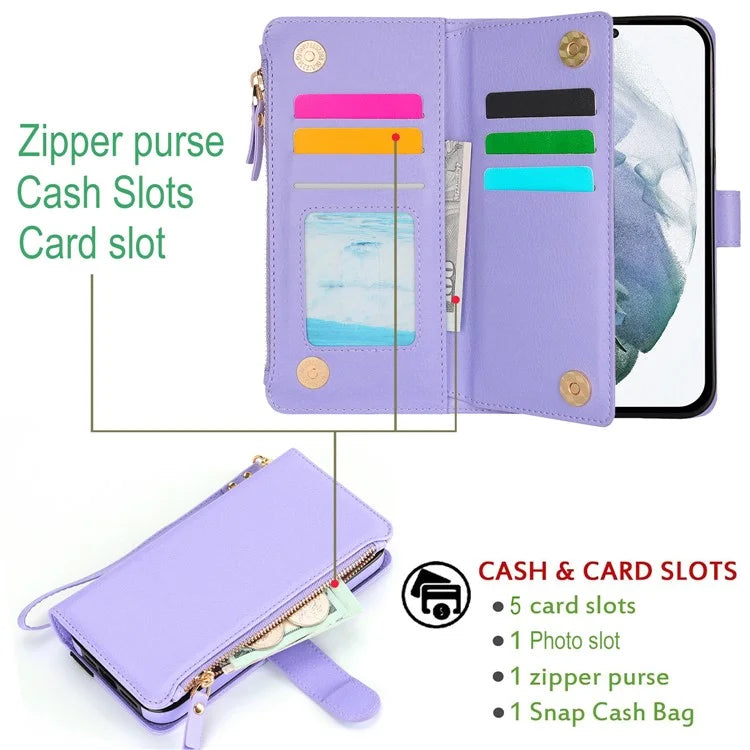 XL-001 For Samsung Galaxy S23 Case Zipper Pocket Wristband Stand Leather Phone Cover