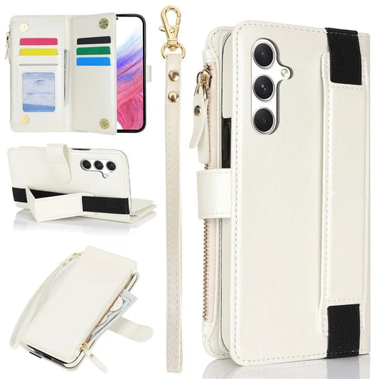 XL-001 For Samsung Galaxy A55 5G Case Zipper Pocket Wristband Stand Leather Phone Cover