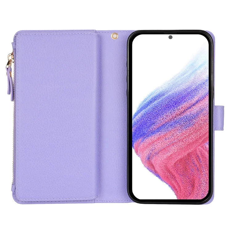 XL-001 For Samsung Galaxy A55 5G Case Zipper Pocket Wristband Stand Leather Phone Cover
