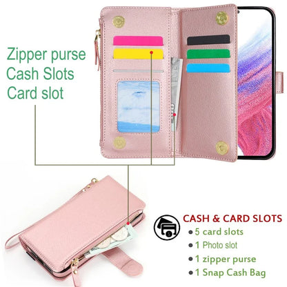 XL-001 For Samsung Galaxy A55 5G Case Zipper Pocket Wristband Stand Leather Phone Cover