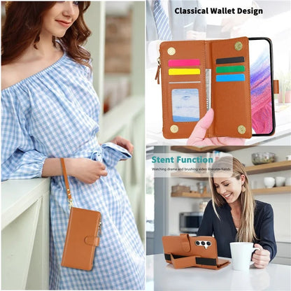 XL-001 For Samsung Galaxy A55 5G Case Zipper Pocket Wristband Stand Leather Phone Cover