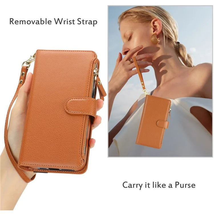 XL-001 For Samsung Galaxy A55 5G Case Zipper Pocket Wristband Stand Leather Phone Cover