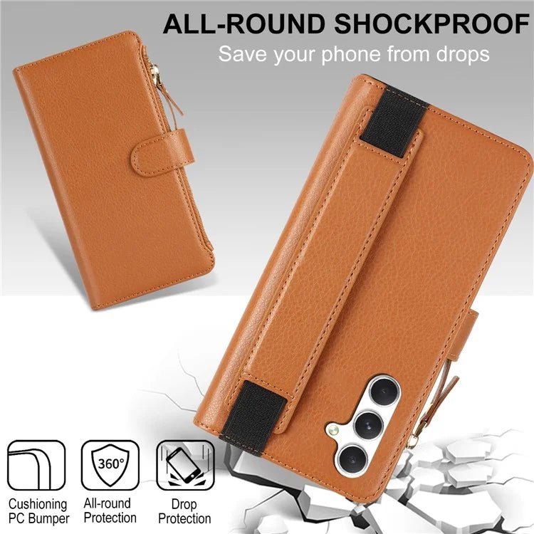 XL-001 For Samsung Galaxy A55 5G Case Zipper Pocket Wristband Stand Leather Phone Cover